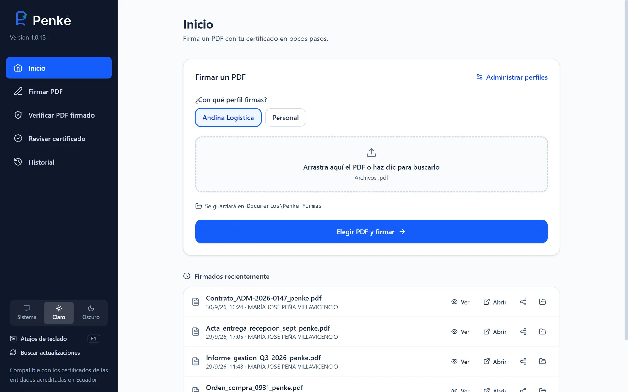 Pantalla de Inicio de Penké: selector de perfil, zona para arrastrar el PDF y lista de documentos firmados recientemente.