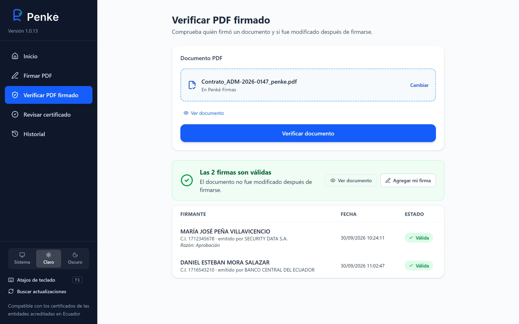 Pantalla Verificar PDF firmado de Penké: dos firmas válidas y el aviso de que el documento no fue modificado después de firmarse.